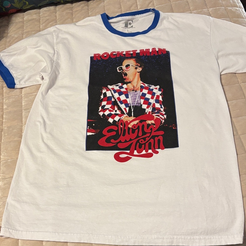 White Graphic T-Shirt with Blue Accents Elton John